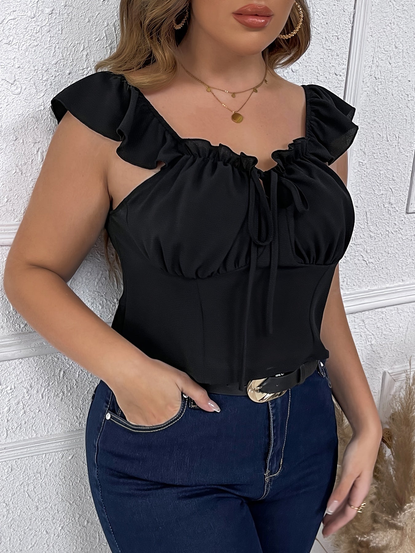  Ruffle Trim Crop Blouse Solid Casual Cami