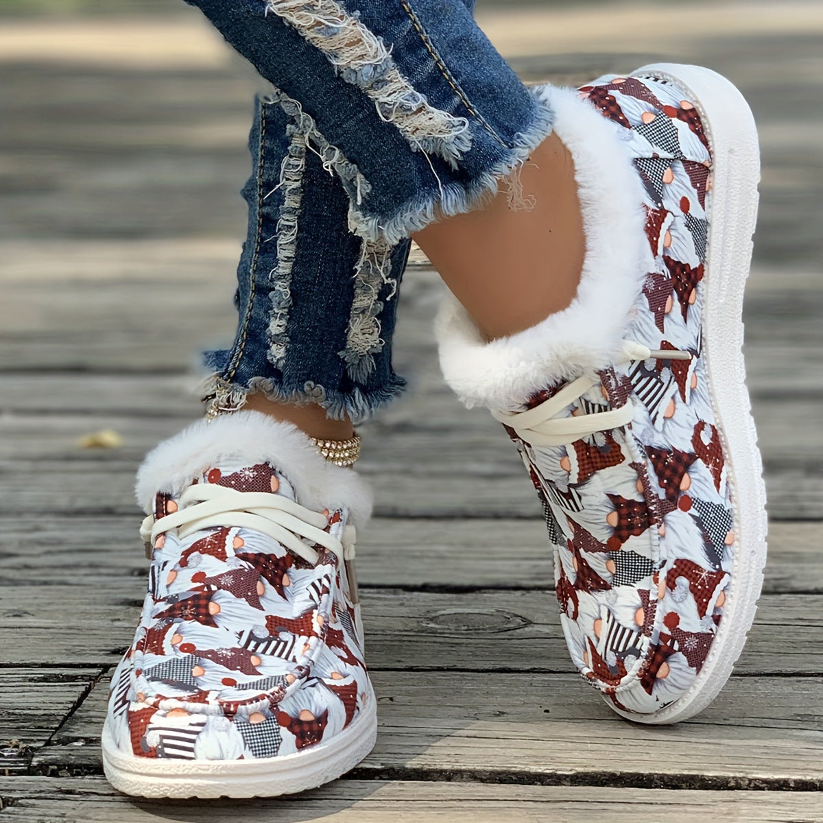 Christmas Santa Claus Print Women's Sneakers Warm Slip On Walking Shoes