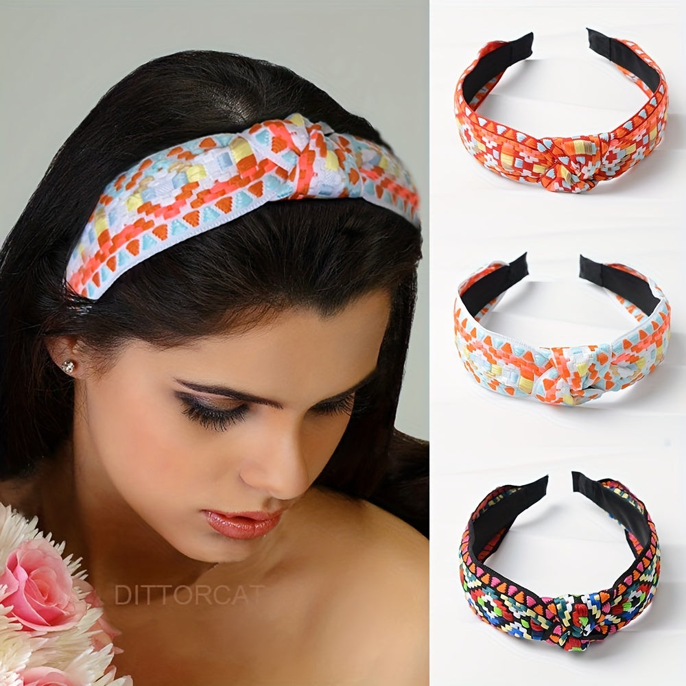 Embroidered Knotted Headband for Women Ethnic Style Hair Hoop Headdress