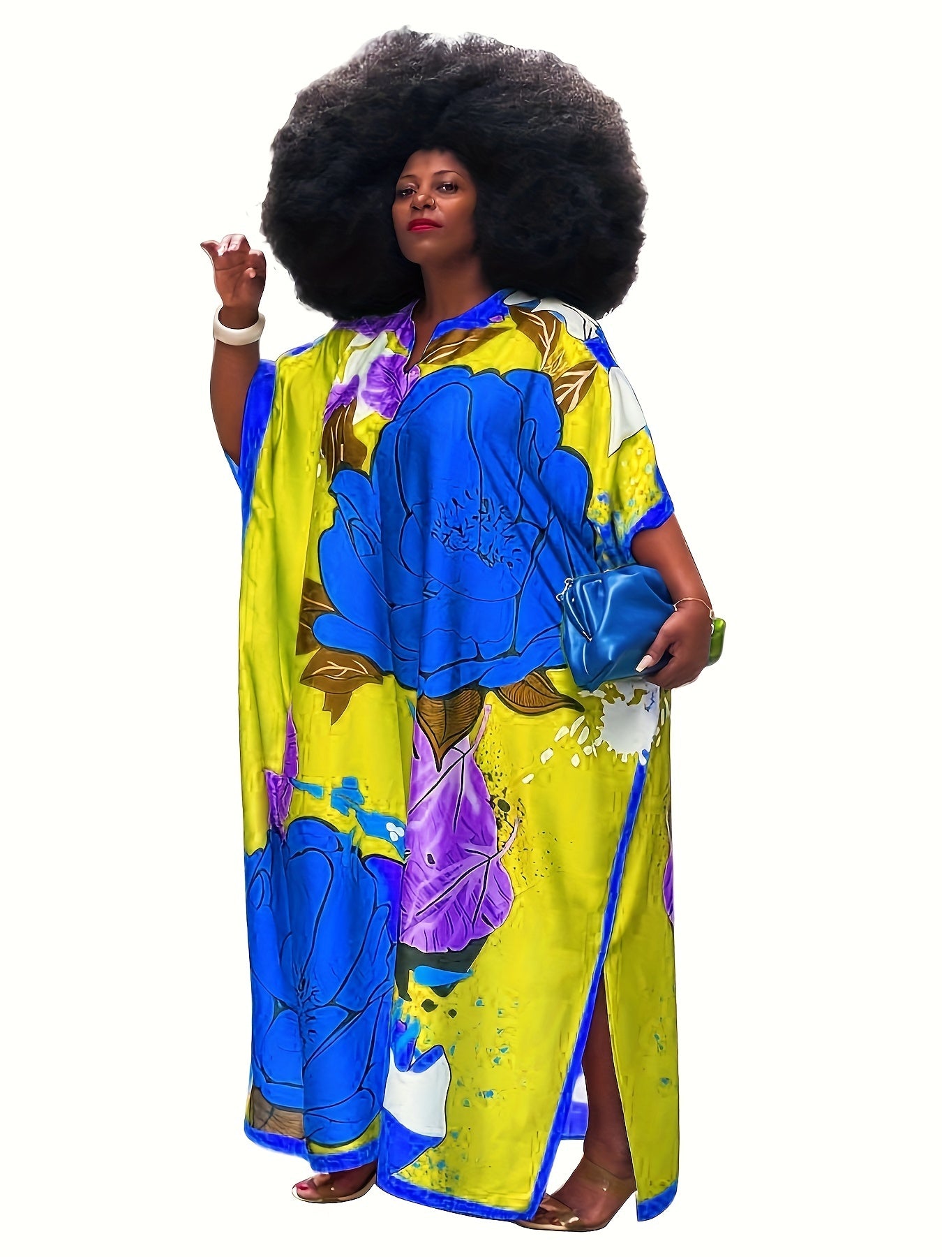  Floral Print V-Neck Side Split Loose Fit Dress