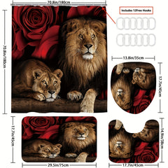 Waterproof Lion & Rose Flower Shower Curtain Set with 12 Hooks