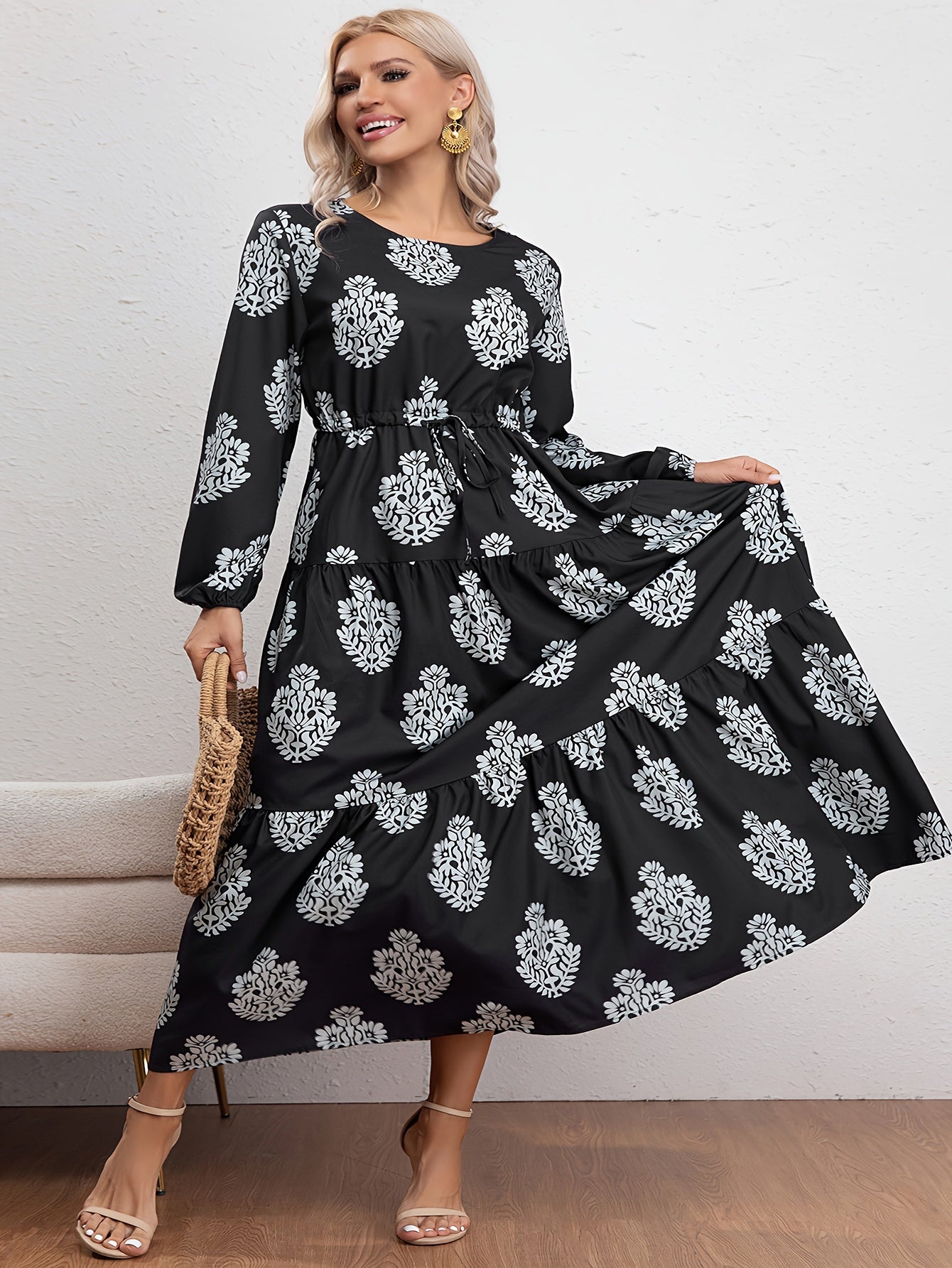  Casual Dress Women's Plus Floral Print Long Sleeve