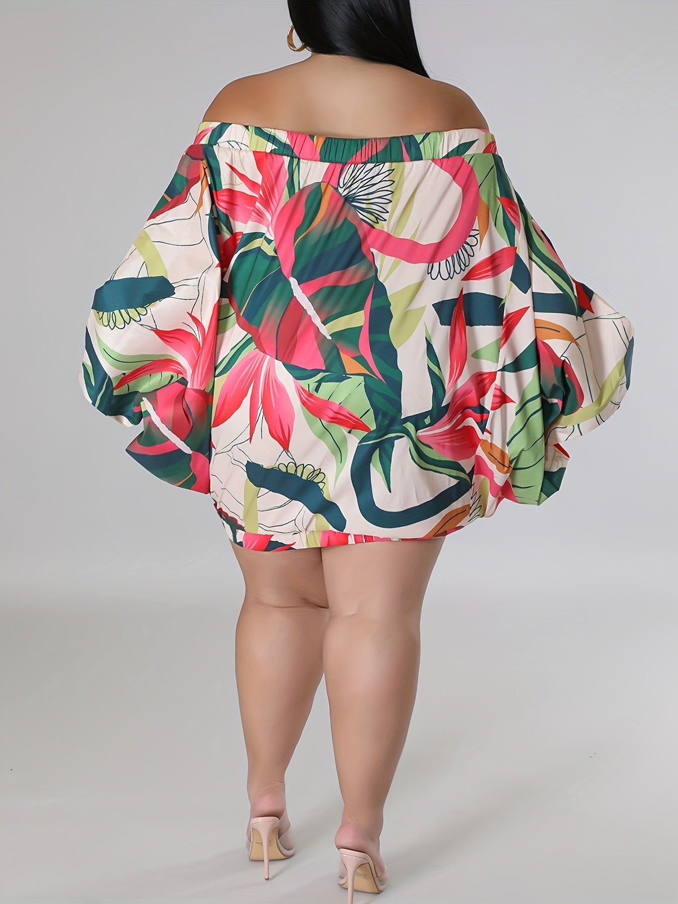  Dress Women's Plus Leaf Print Off Shoulder Long Sleeve Dress