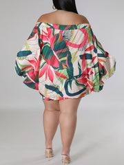  Dress Women's Plus Leaf Print Off Shoulder Long Sleeve Dress