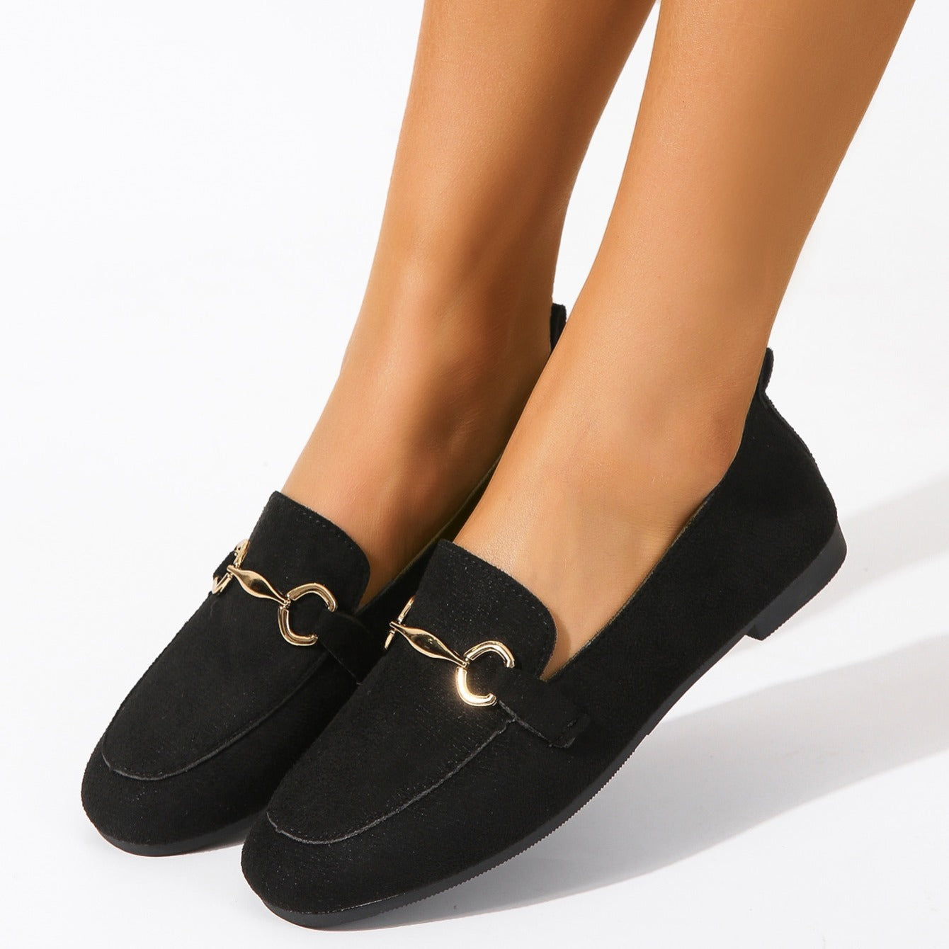 Square Toe Metal Buckle Decor Flat Loafers