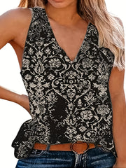  Casual Tank Top Women's Plus Random Print V Neck Slight Stretch
