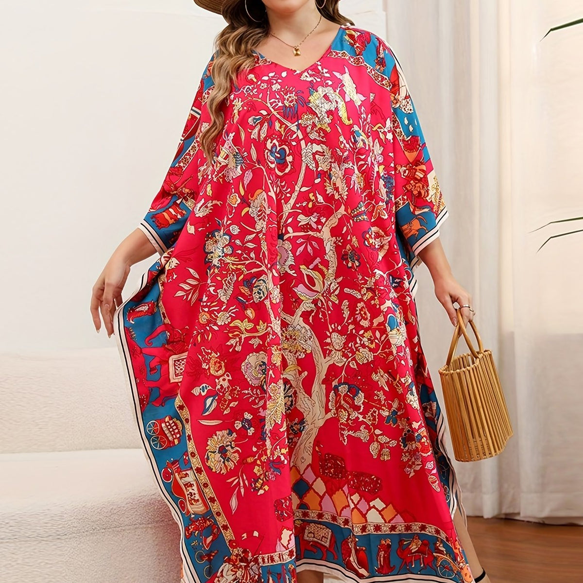  Boho Cover Up Dress Women's Plus Floral Print Bat Sleeve V Neck