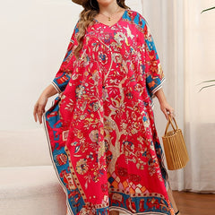  Boho Cover Up Dress Women's Plus Floral Print Bat Sleeve V Neck