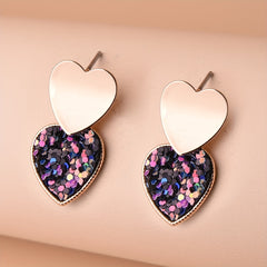 Double Heart Sequins Dangle Earrings 14K Plated Jewelry