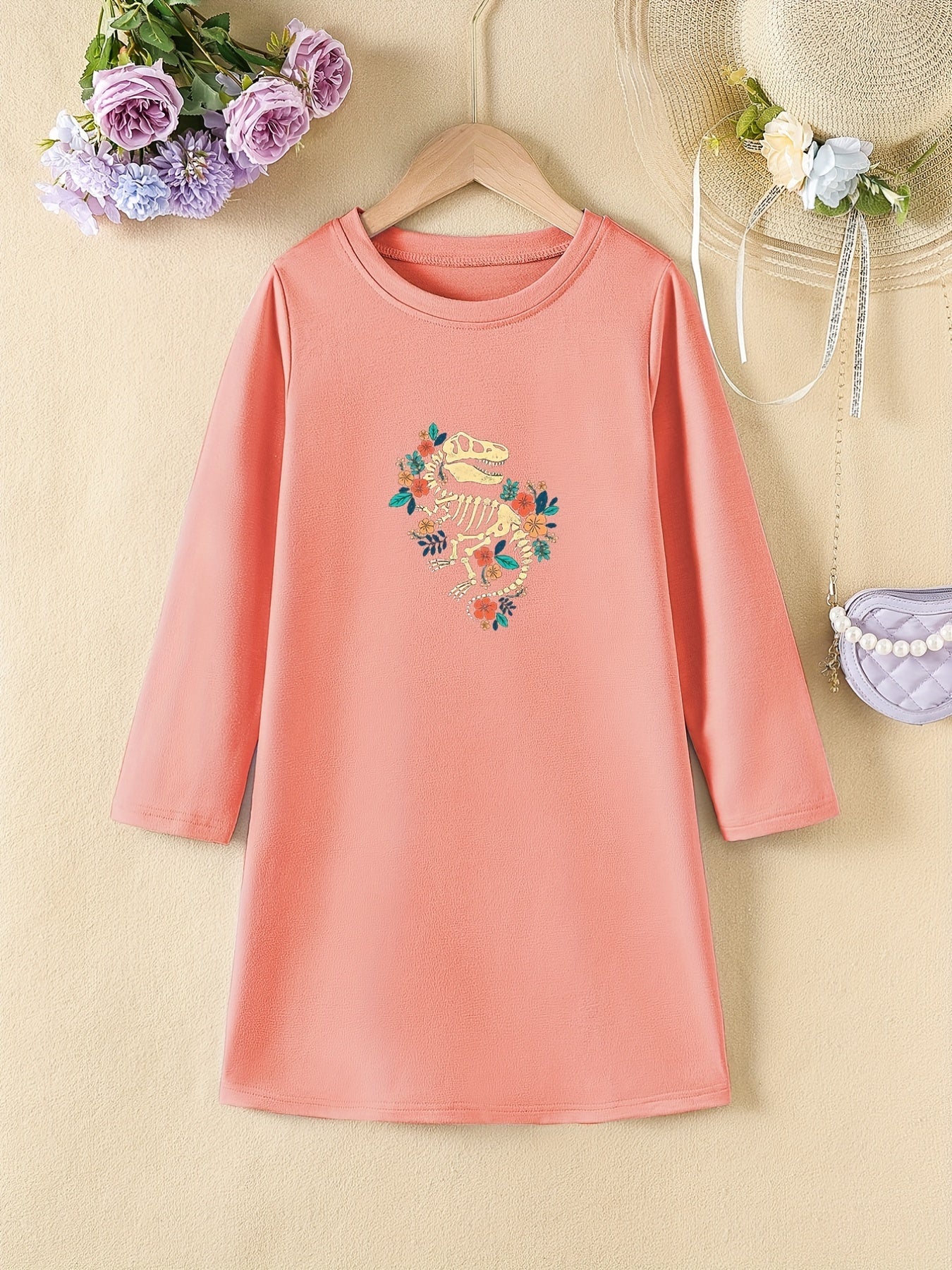 Girls' Floral Dino Bones Print Long Sleeve A-line Dress