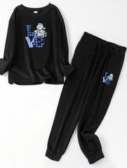  Christmas Lounge Set Snowman Print Fleece Top & Pants Pajamas 2 Piece