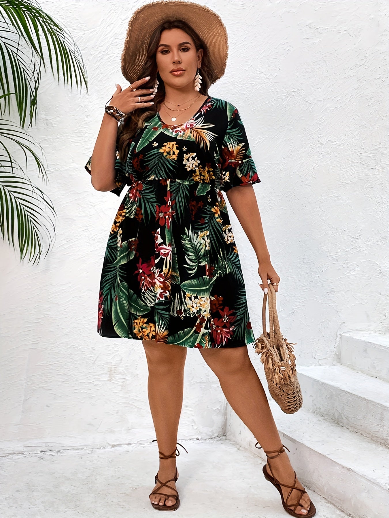  Tropical Print Bell Sleeve Dress
