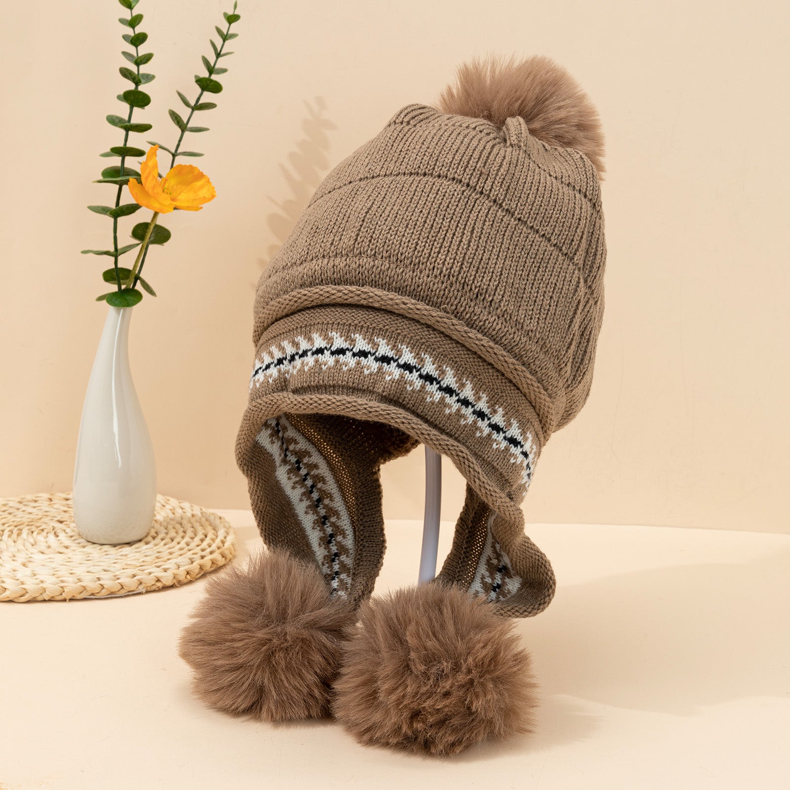 Ladies Printed Fleece Ear Protector Hat with Fur Ball