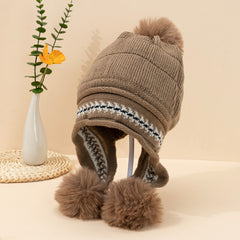 Ladies Printed Fleece Ear Protector Hat with Fur Ball