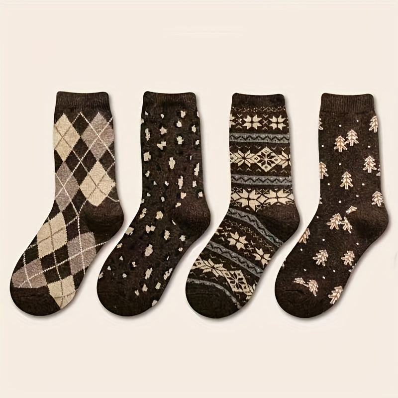 4 Pairs Plaid & Trees Print Socks Mid Tube Women's Stockings