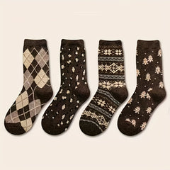 4 Pairs Plaid & Trees Print Socks Mid Tube Women's Stockings