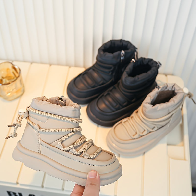 Girls Solid Zipper Boots Warm Winter Plus Fleece Comfortable Casual