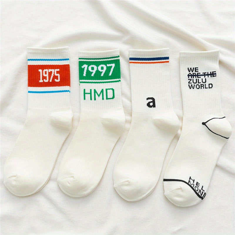 4 Pairs Letter Print Crew Socks for Women