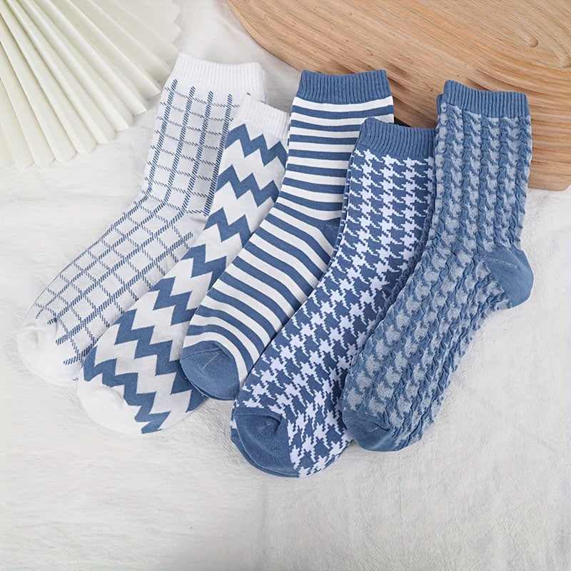 5 Pairs Plaid & Striped Print Socks Breathable Women's Mid Tube Stockings