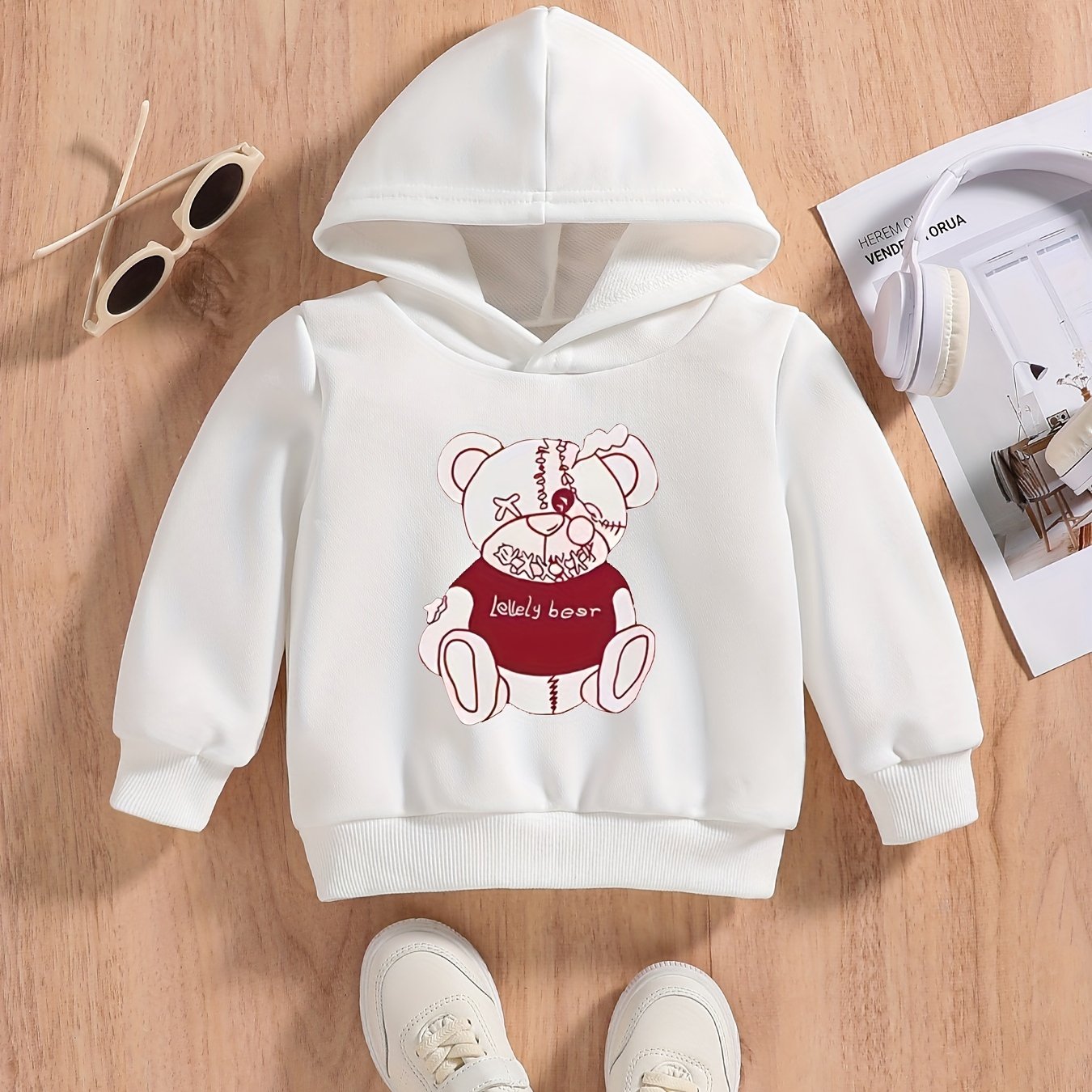 Bear Doll Print Baby Boys Hooded Sweatshirt