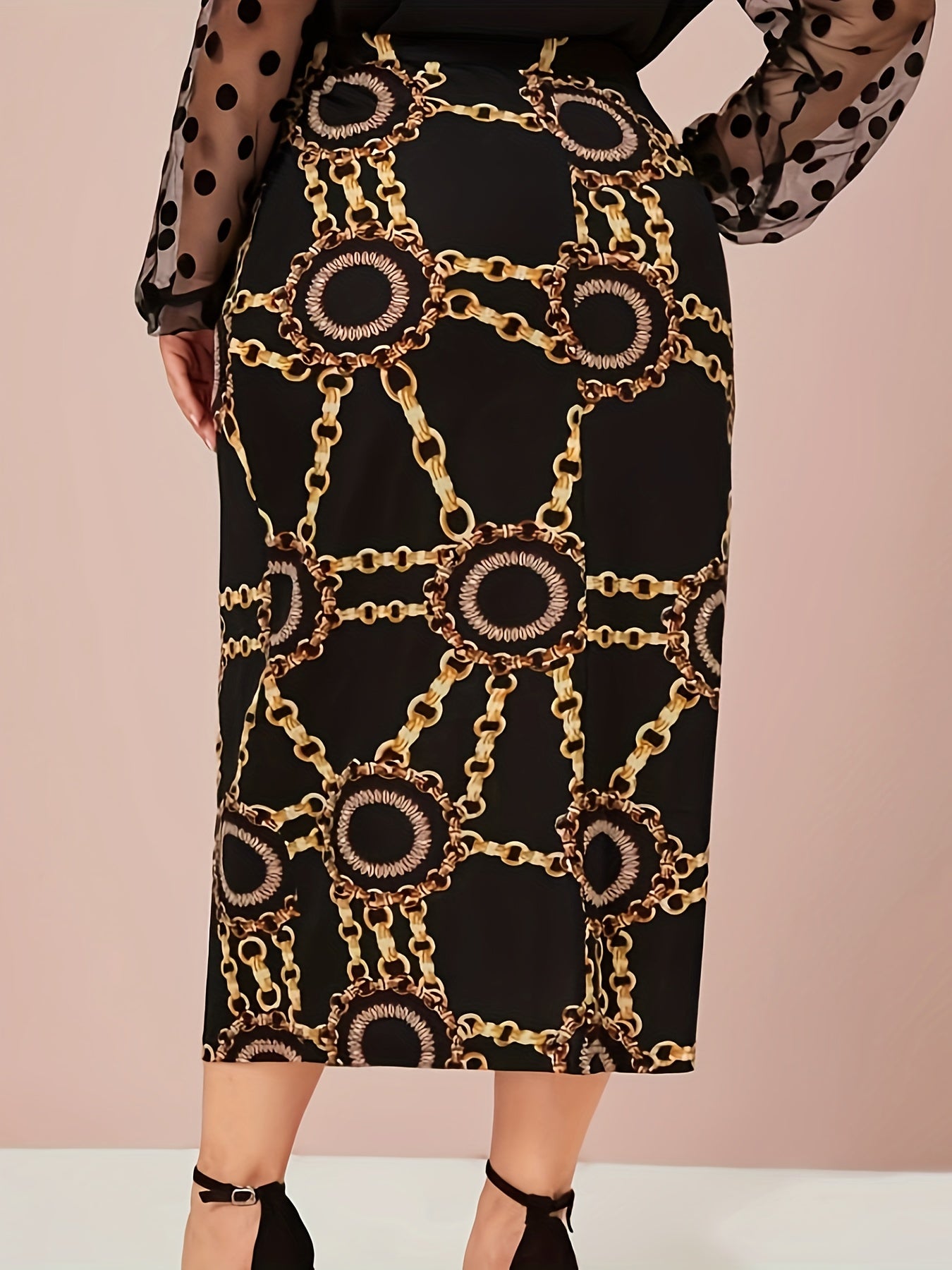  Chain Print High Rise Bodycon Midi Skirt