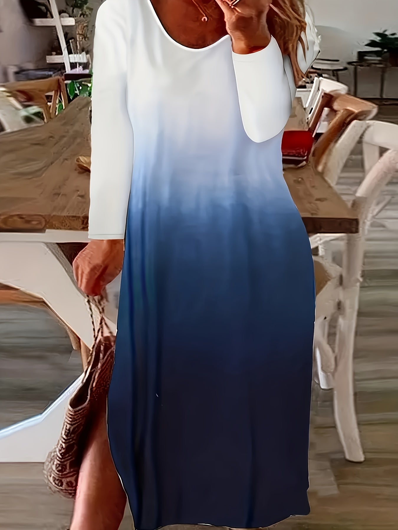 Women's Plus Ombre Long Sleeve Round Neck Maxi Dress