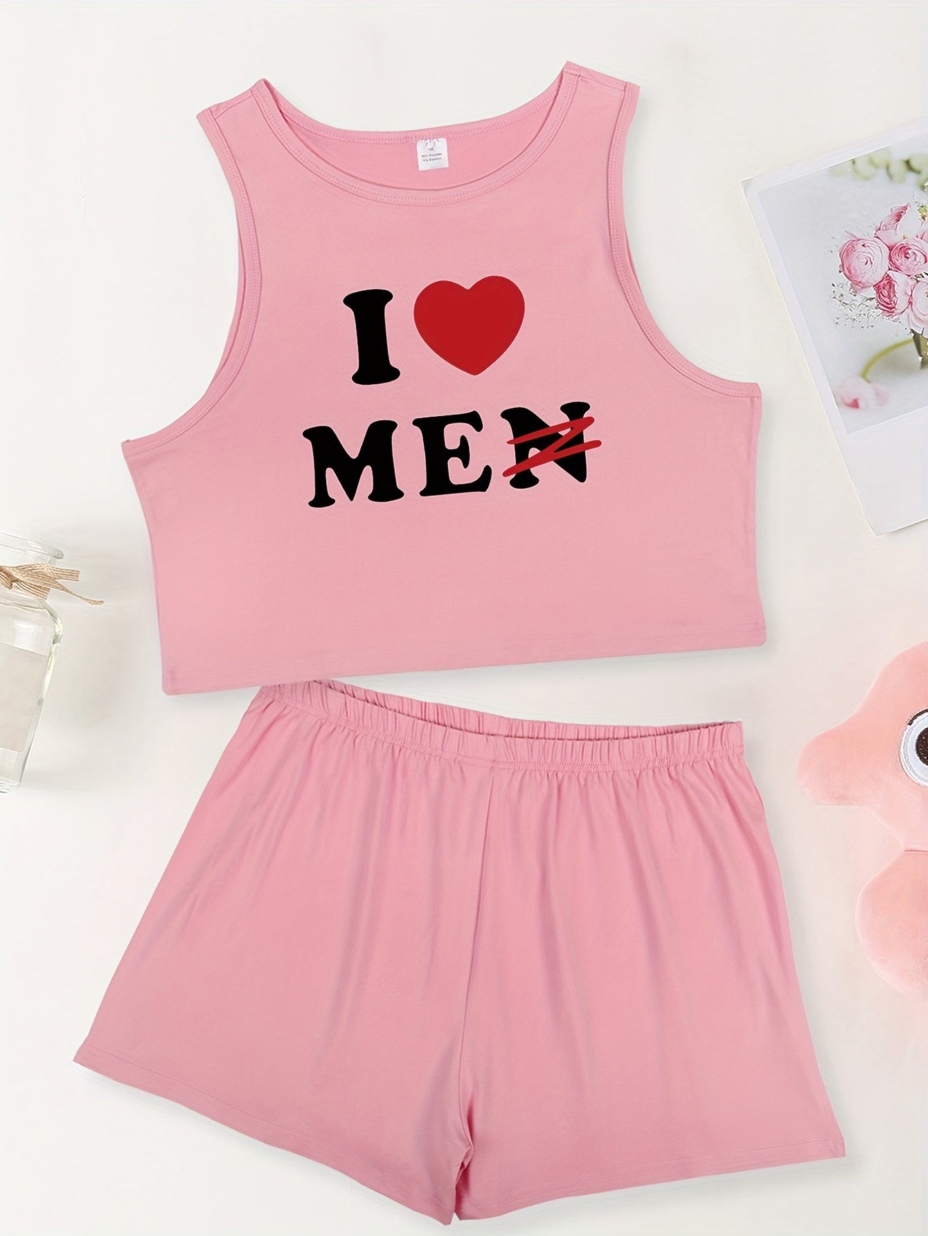 Women's Plus Slogan Print Tank Top & Shorts Set