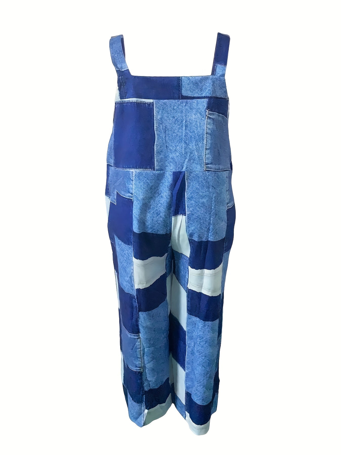 Plus Denim Print Square Neck Wide Leg Jumpsuit