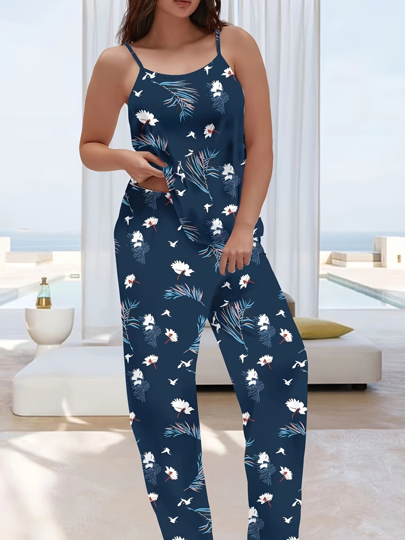  Tropical Print Pajamas Set Women's Round Neck Cami Top & Wide Leg Pant
