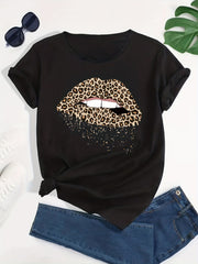 Leopard Print Lips Graphic Sports T Shirt for Women