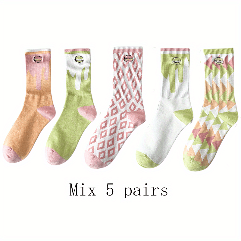 5 Pairs Macaron Print Women's Socks Stockings