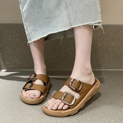 Women's Double Buckle Strap Slide Sandals Casual Flat Beach Slides