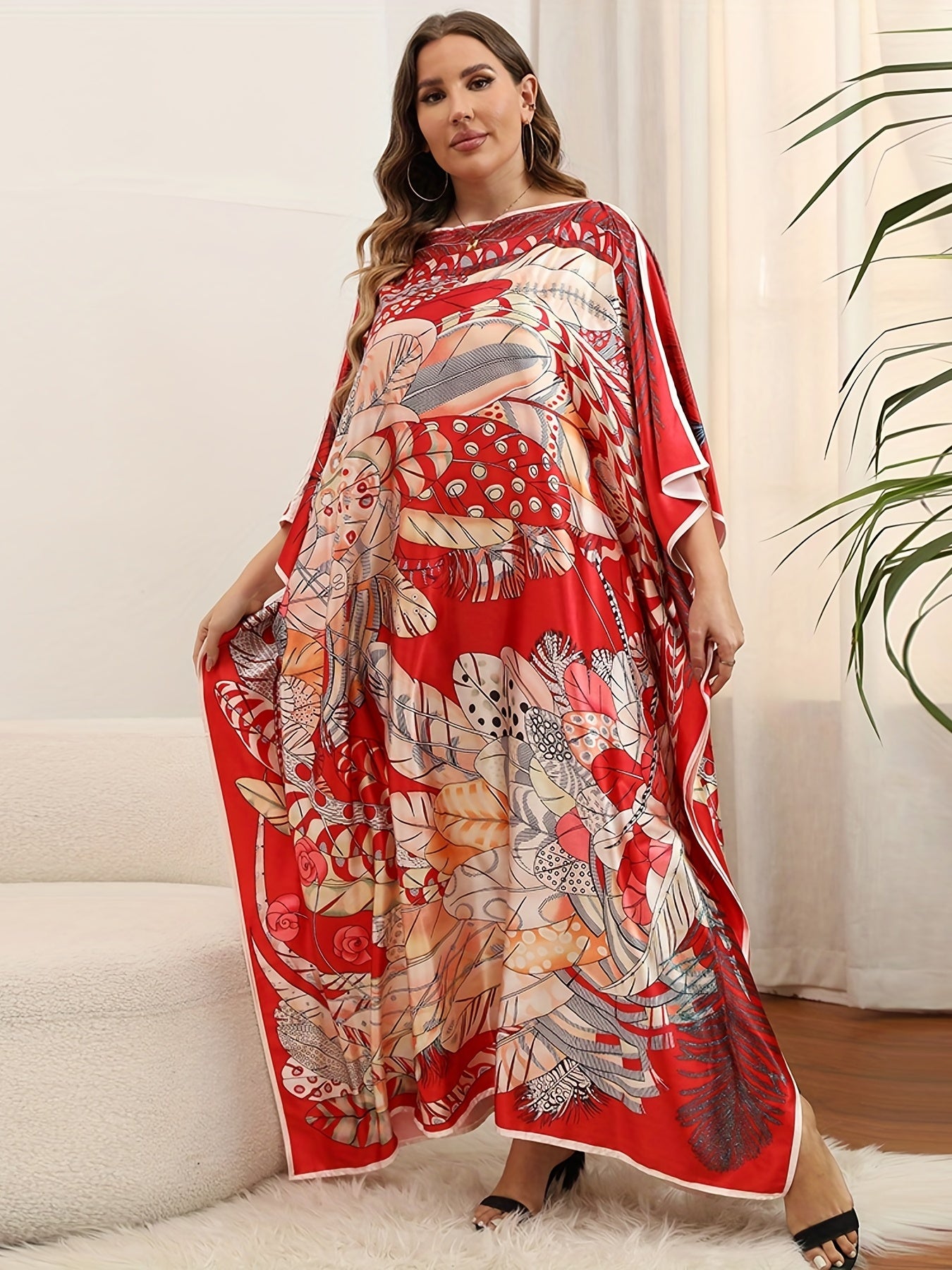  Feather Print Maxi Cover Up Dress