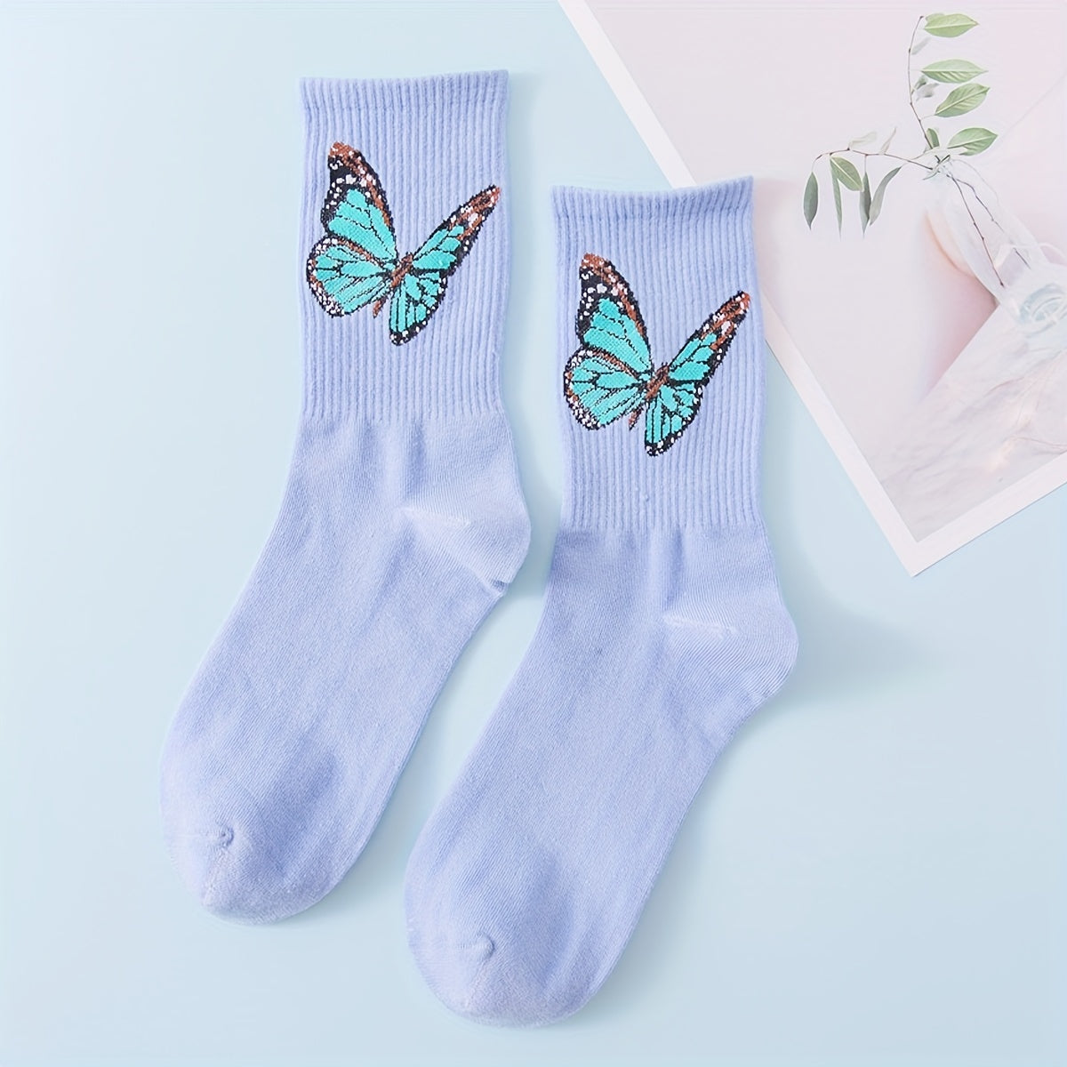 6 Pairs Butterfly Print Mid Tube Socks for Women