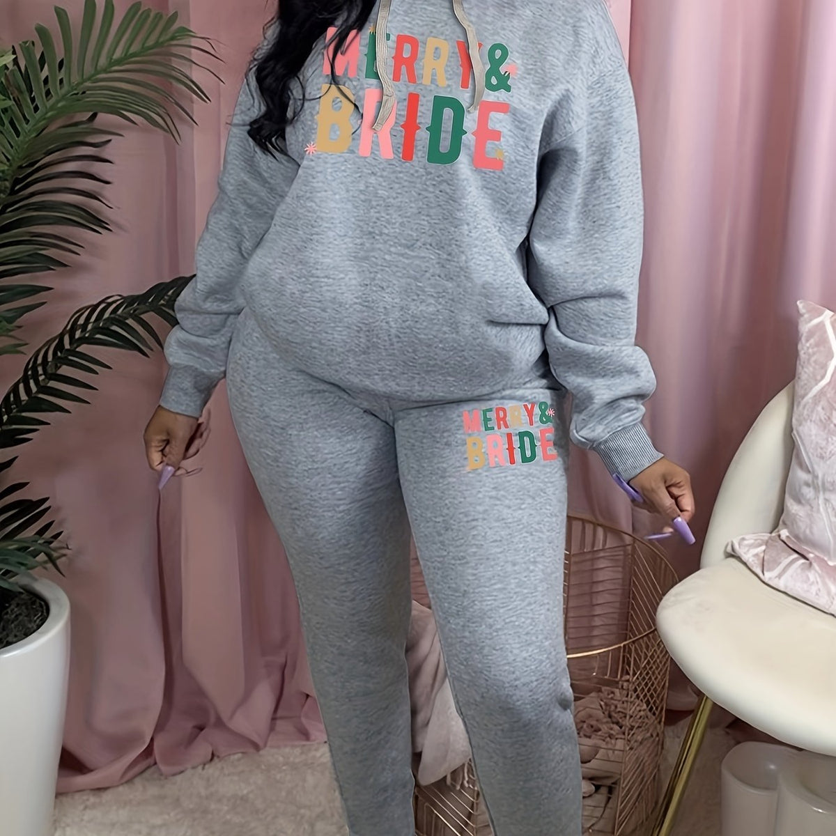 Women's Plus Art Letter Print Hooded Sweatshirt & Sweatpants Set