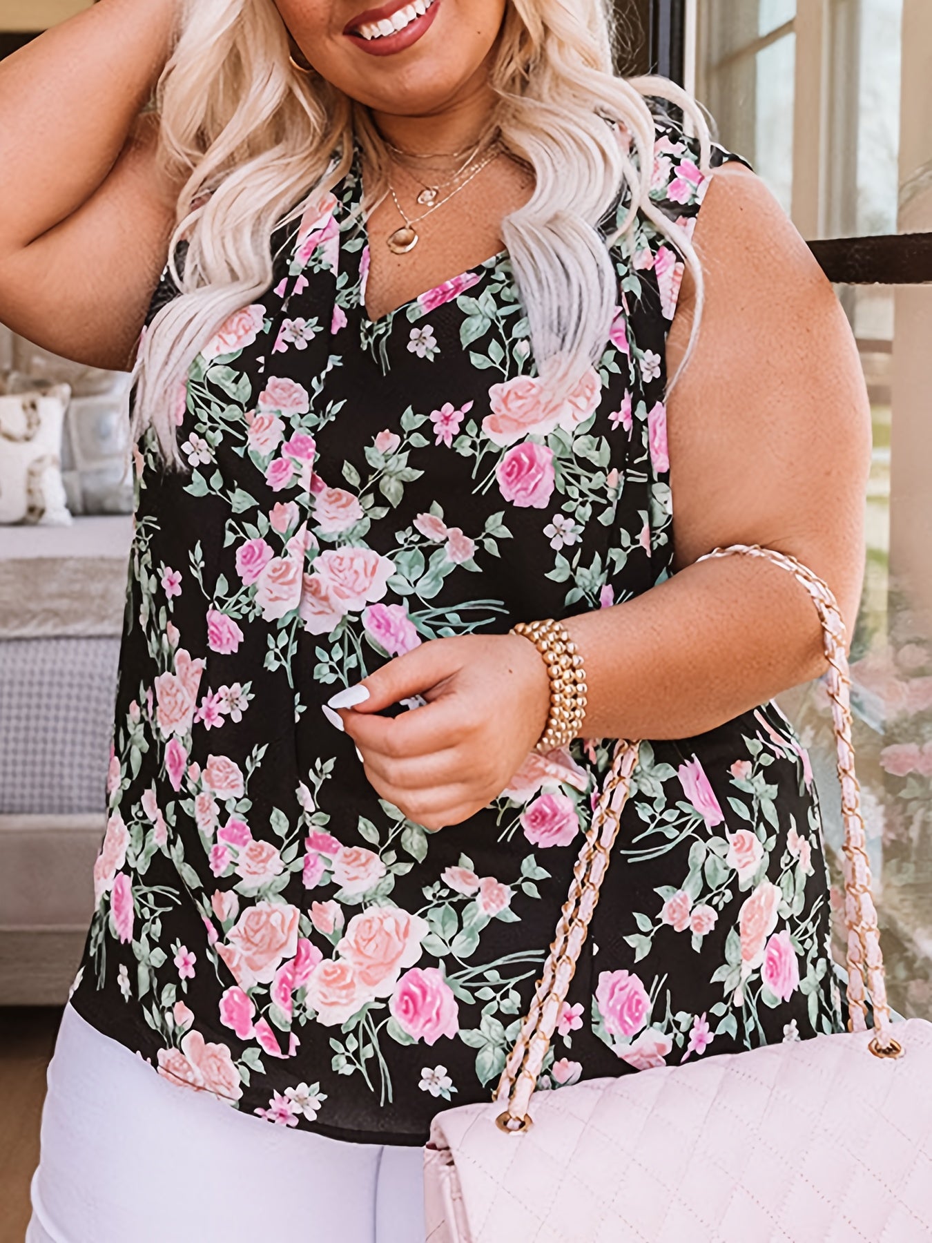Plus Size Floral Print V-Neck Tank Top Women's Casual Tank Top