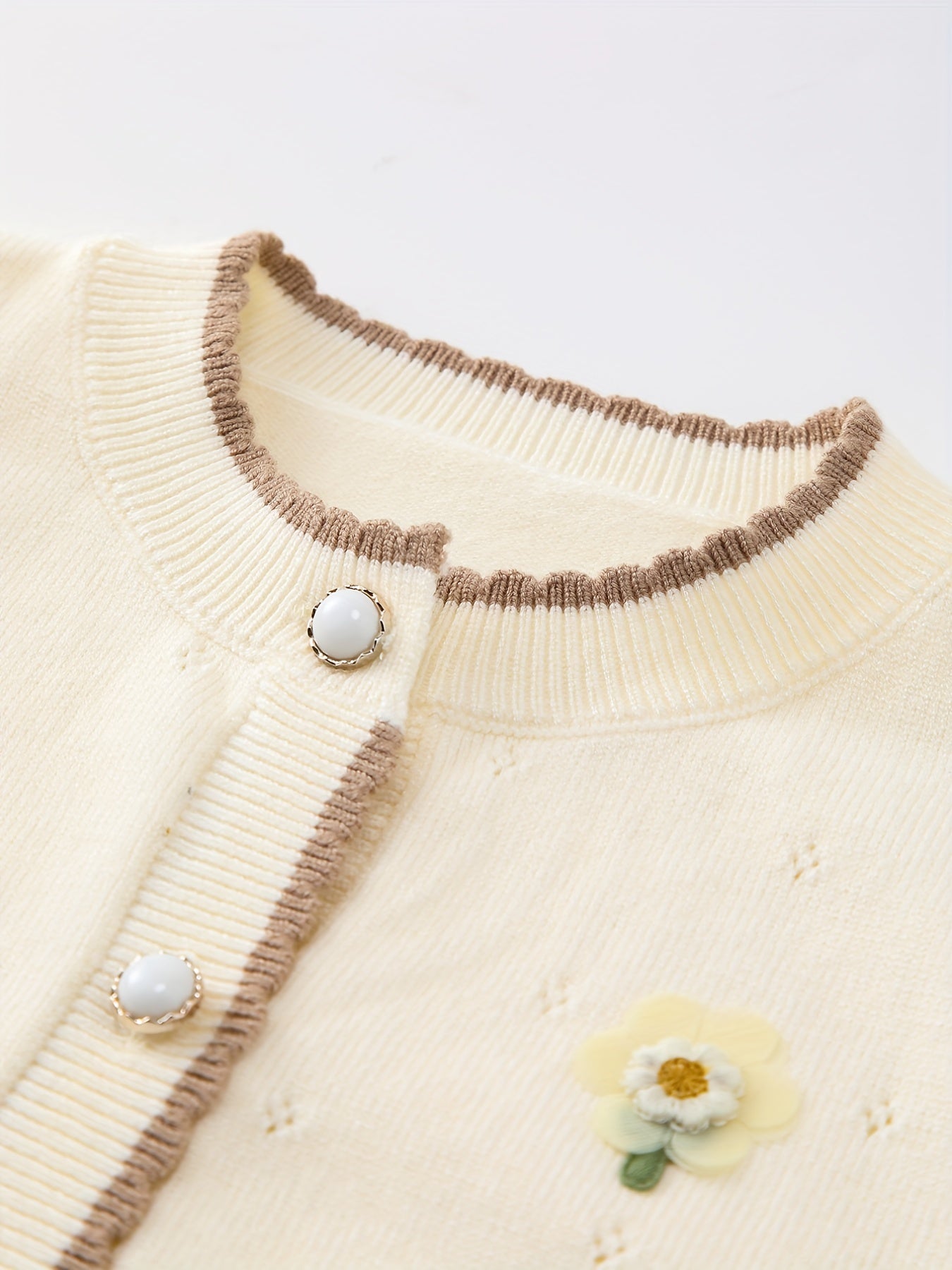Baby Girl Sweater Coat With Small Flower Decor Knitted Cardigan