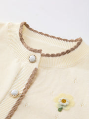 Baby Girl Sweater Coat With Small Flower Decor Knitted Cardigan