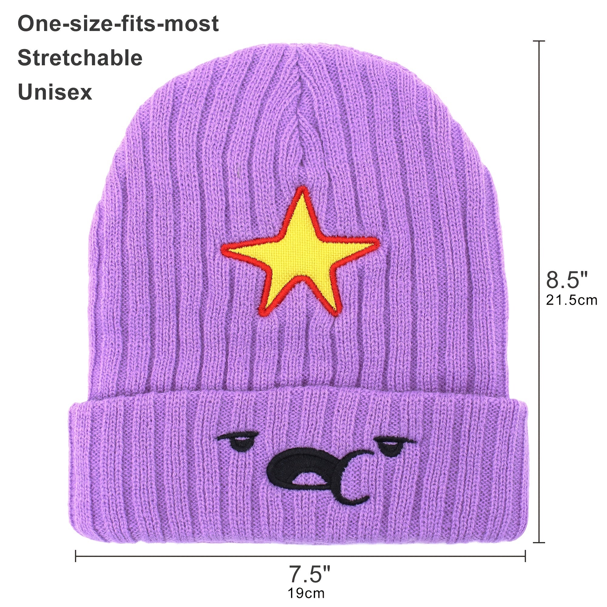 Anime Purple Slouchy Beanie Cartoon Embroidery Knit Hat Elastic Soft