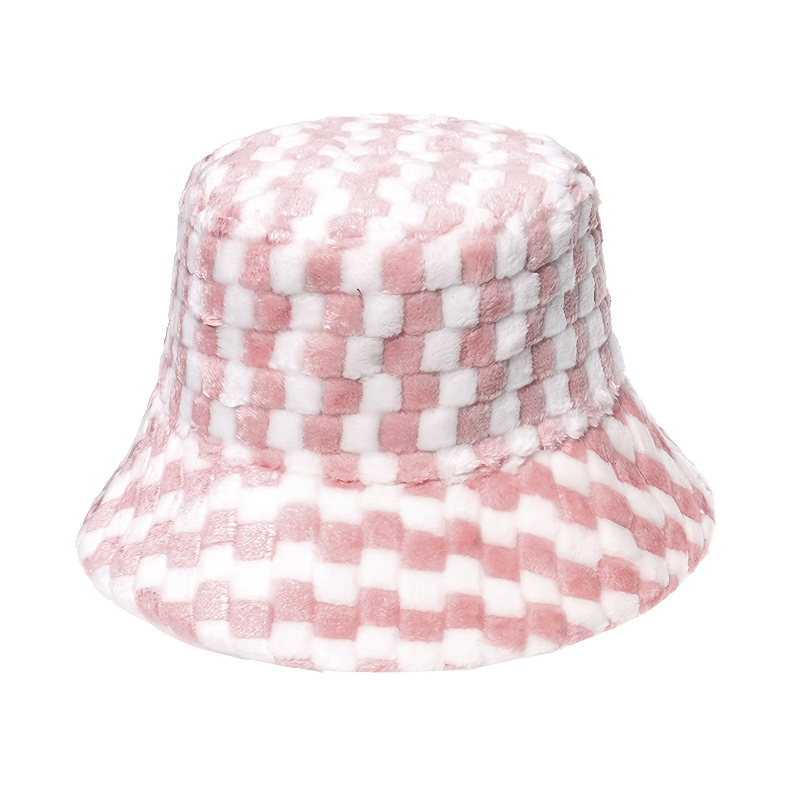 Women's Plaid Faux Fur Bucket Hat Warm Fisherman Hat for Cold Weather