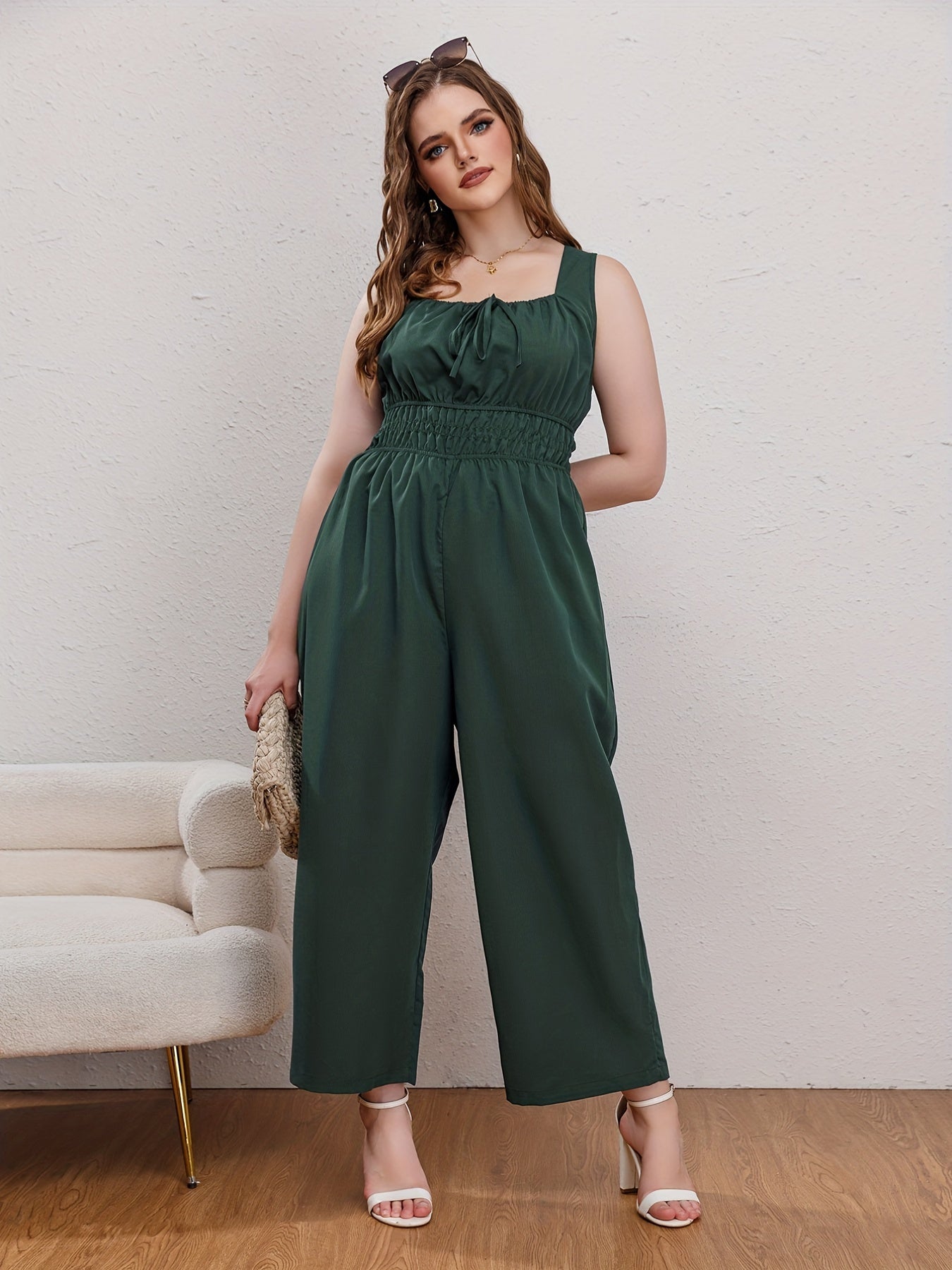  Jumpsuit Tie Front Nipped Waist Square Neck Wide Leg Tank Jumpsuit
