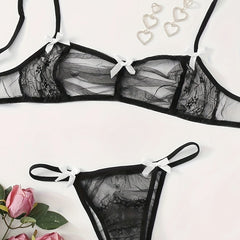 Sultry Lace Mesh Lingerie Set Sheer Unlined Bra & Bow Tie Panties