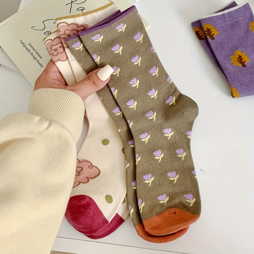 5 Pairs Floral Print Socks Mid Tube Women's Stockings