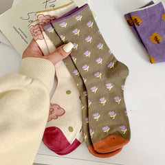 5 Pairs Floral Print Socks Mid Tube Women's Stockings