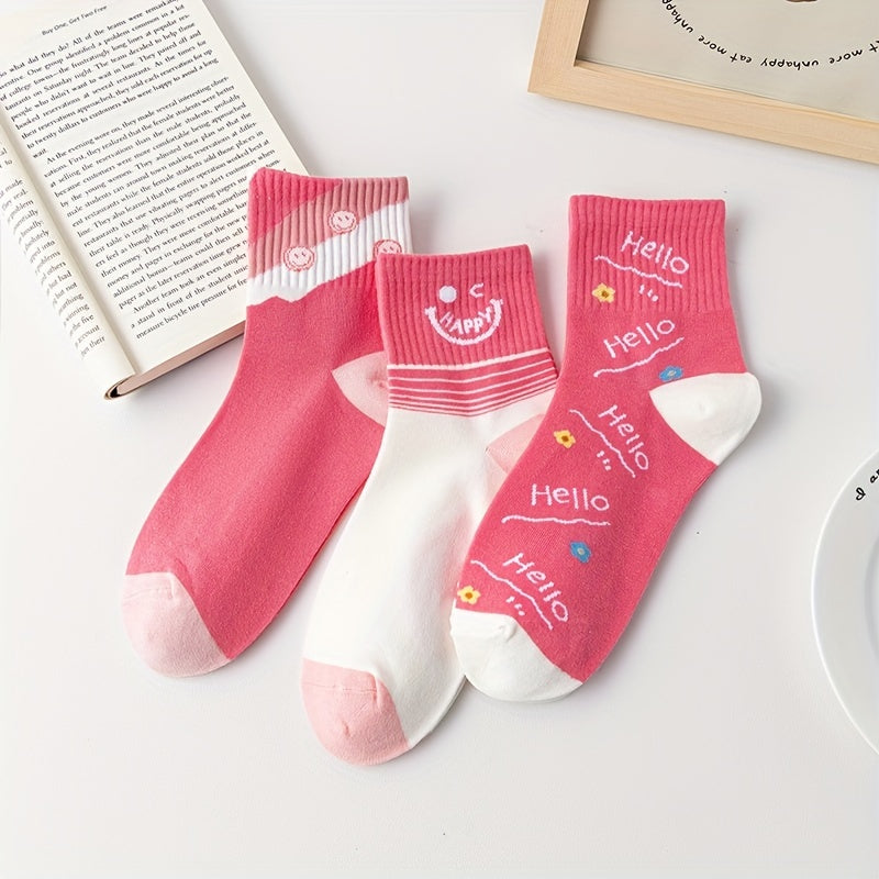 3 Pairs Smiling & Letter Print Women's Crew Socks
