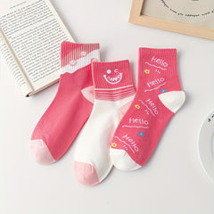 3 Pairs Smiling & Letter Print Women's Crew Socks