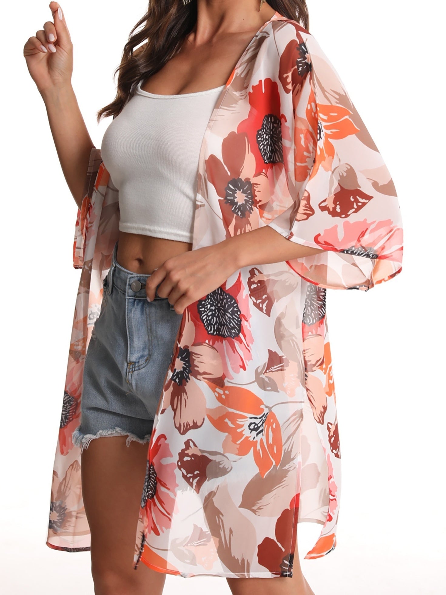 Floral Print Bat Sleeve Cover Up Cardigan
