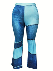  Colorblock Denim Print Flared Leggings