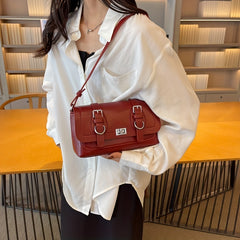 Retro Style Vegan Leather Shoulder Bag Buckle Decor Flap Baguette Bag