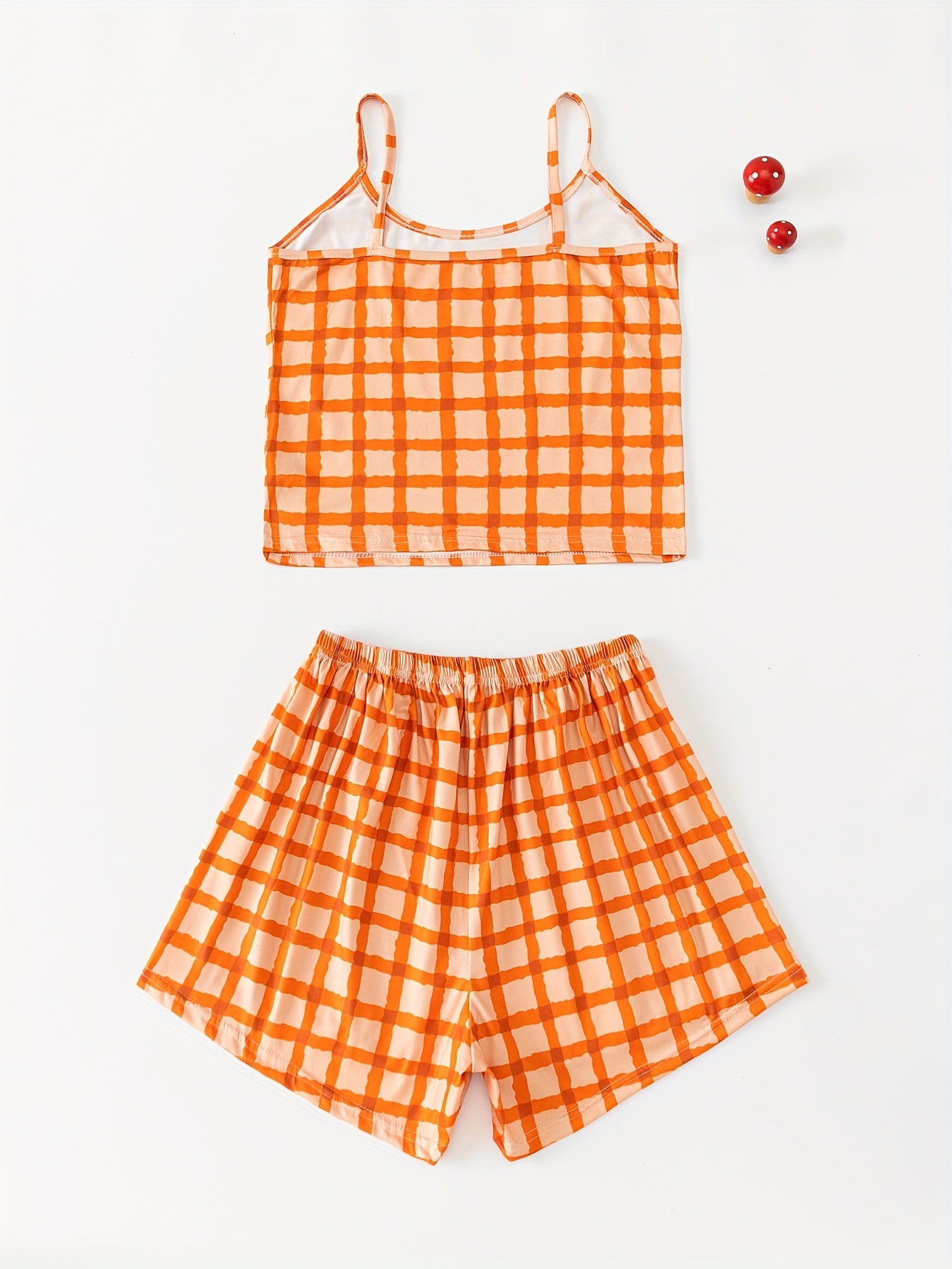 Plaid Print Pajama Set Crew Neck Cami Top & Elastic Waistband Shorts